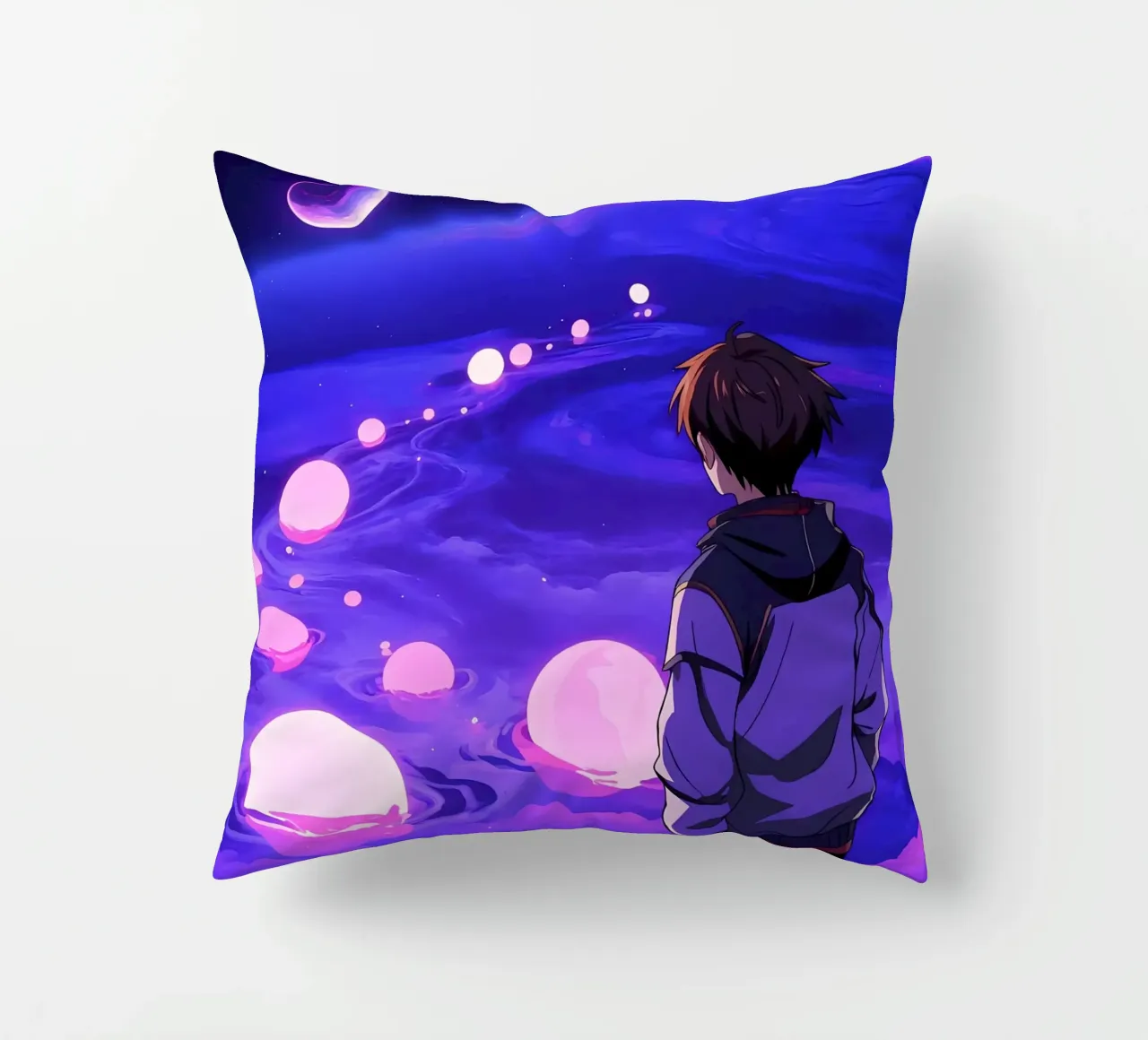 Un ragazzo che cammina su un sentiero da sogno Lofi Art cuscino da LoFi Gallery