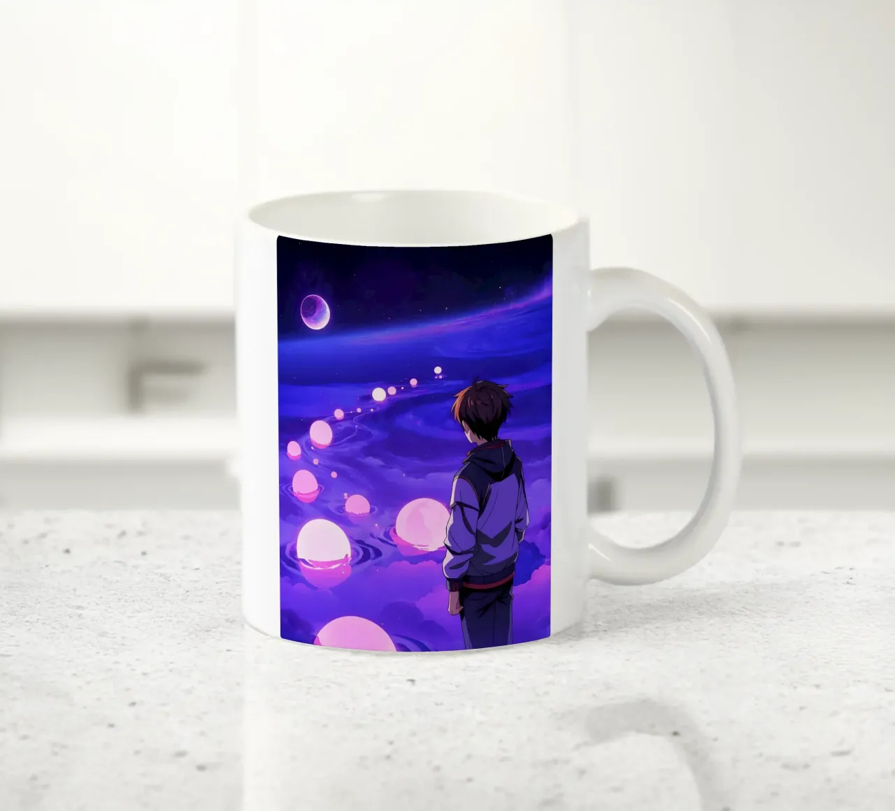 Un ragazzo che cammina su un sentiero da sogno Lofi Art tazza in ceramica da LoFi Gallery