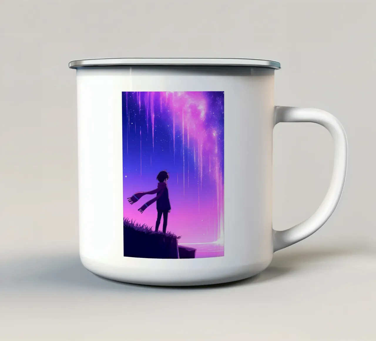 Eine Person mit Blick auf verträumte Aurora in Nachthimmel Lofi Kunst Emaille Tasse von LoFi Gallery