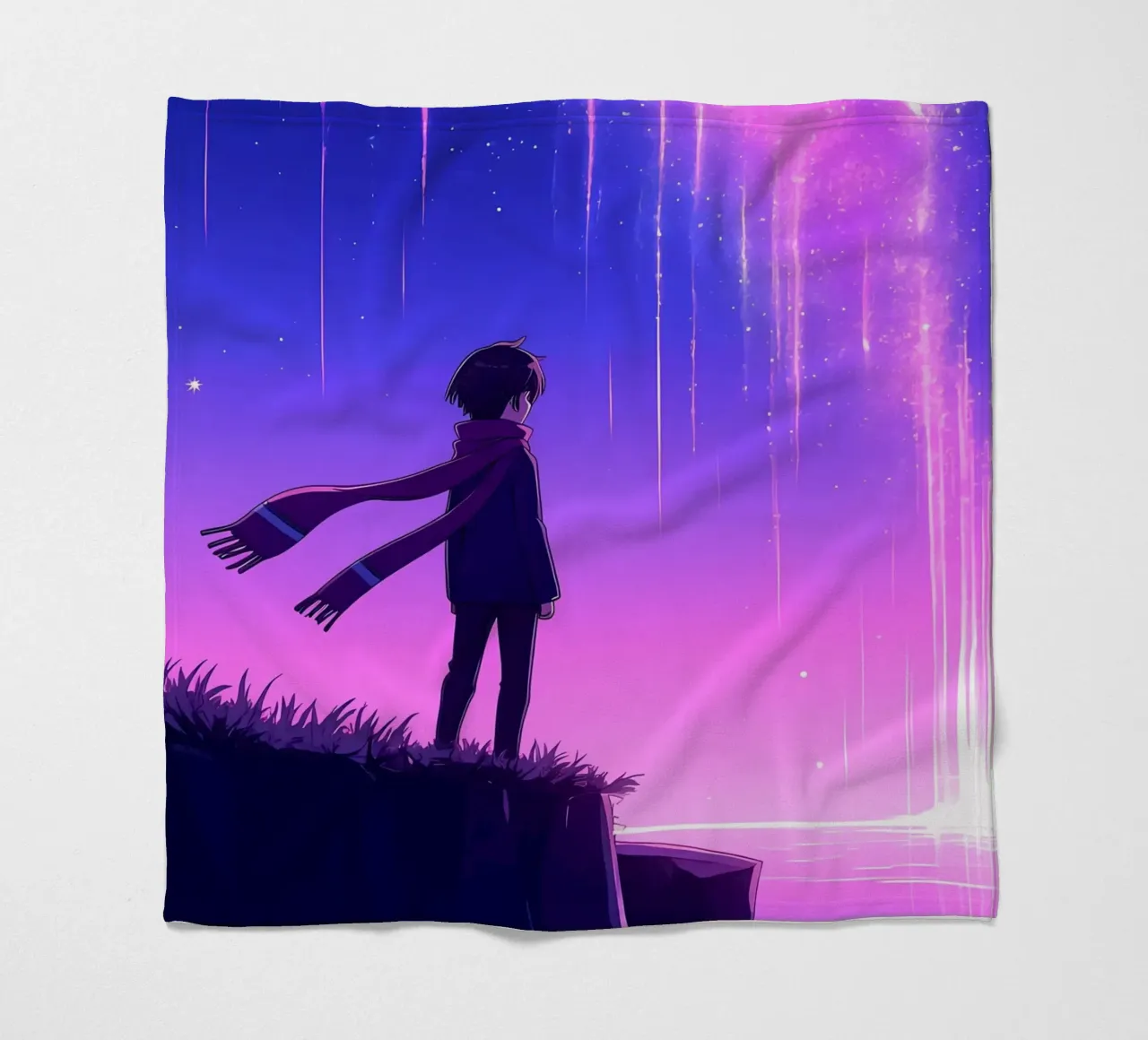 Una persona che guarda l'aurora sognante nel cielo notturno Lofi Art coperta in pile da LoFi Gallery