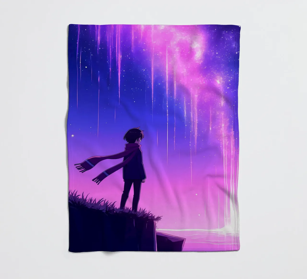 Una persona che guarda l'aurora sognante nel cielo notturno Lofi Art coperta in pile da LoFi Gallery