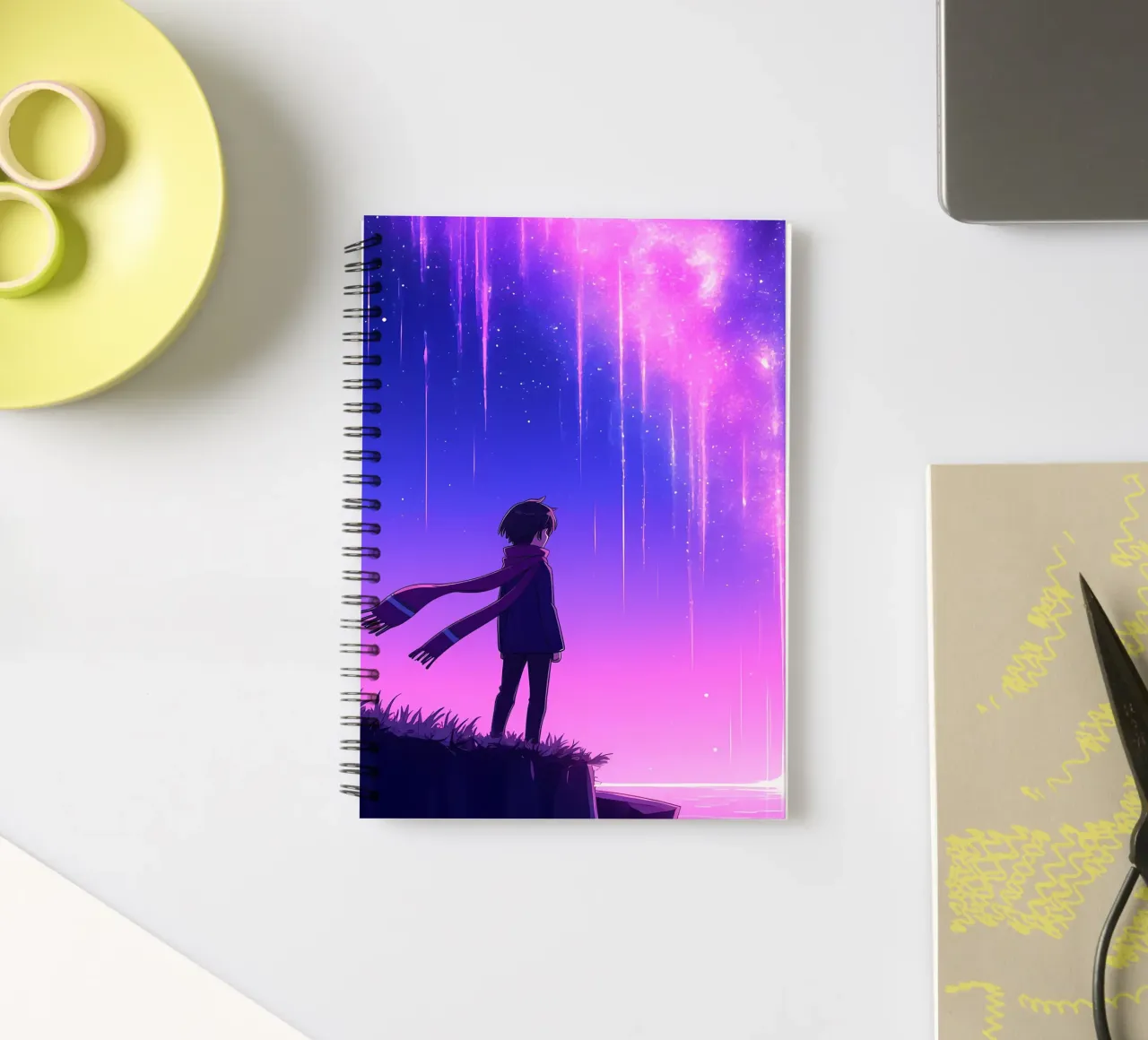 A Person Looking At Dreamy Aurora In Night Sky Lofi Art spiral notebook by LoFi Gallery