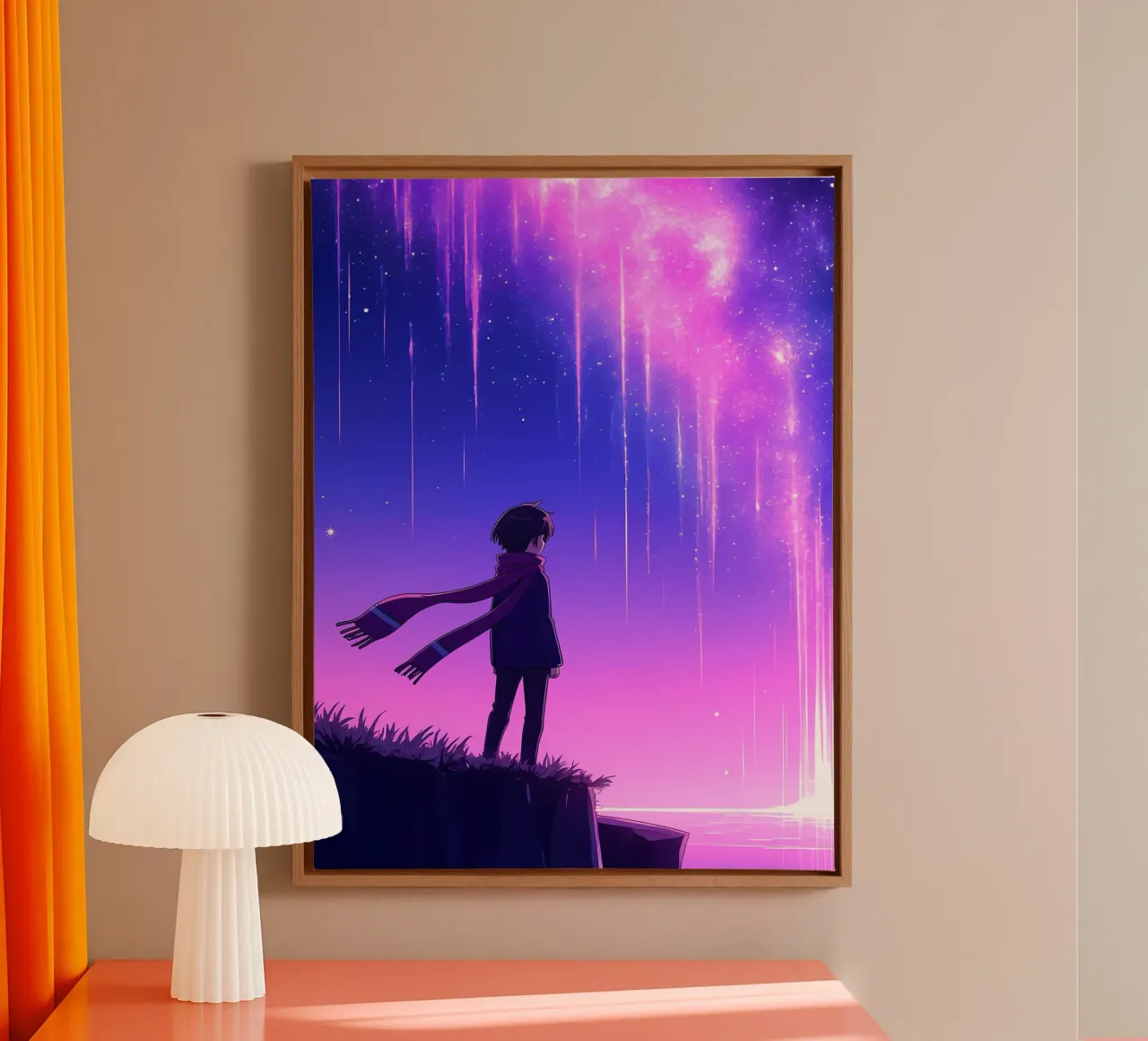 Eine Person mit Blick auf verträumte Aurora in Nachthimmel Lofi Kunst Leinwand mit Schattenfugenrahmen von LoFi Gallery