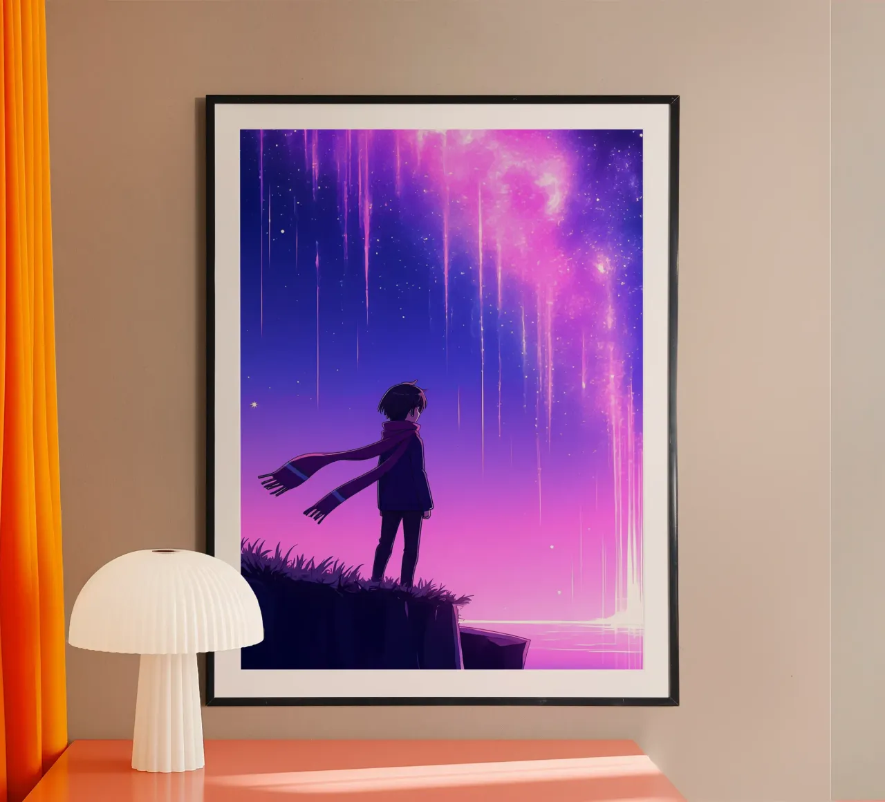 Une personne regardant une aurore rêveuse dans le ciel nocturne Lofi Art poster avec cadre en plastique de LoFi Gallery