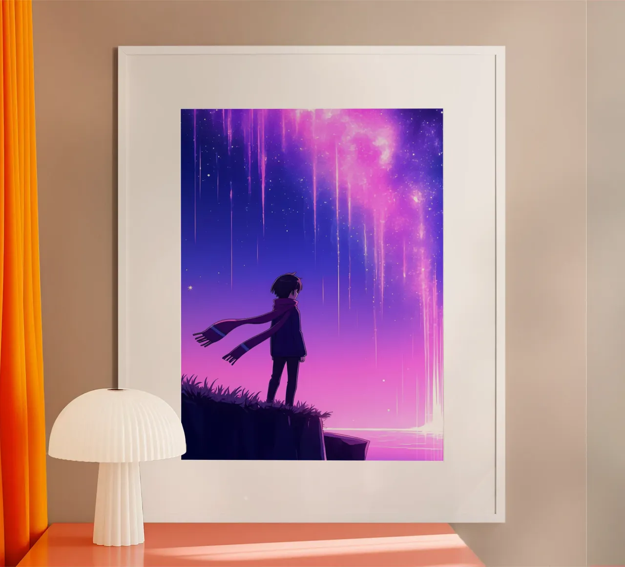 Une personne regardant une aurore rêveuse dans le ciel nocturne Lofi Art poster avec cadre en plastique de LoFi Gallery