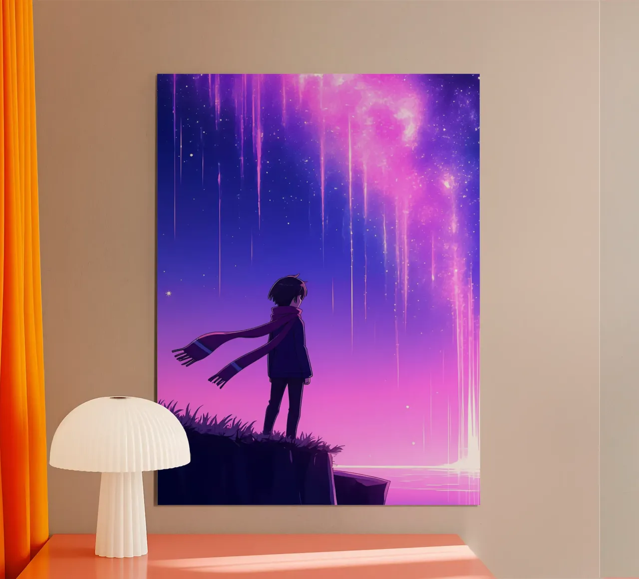 Une personne regardant une aurore rêveuse dans le ciel nocturne Lofi Art poster avec cadre en plastique de LoFi Gallery
