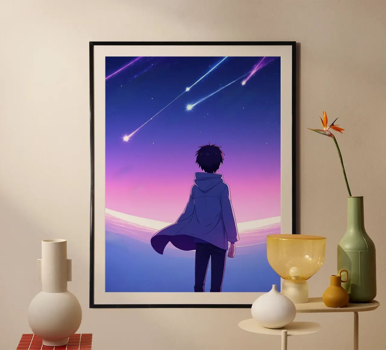 Una persona che guarda le stelle cadenti nel cielo notturno Lofi Art poster con telaio in alluminio da LoFi Gallery