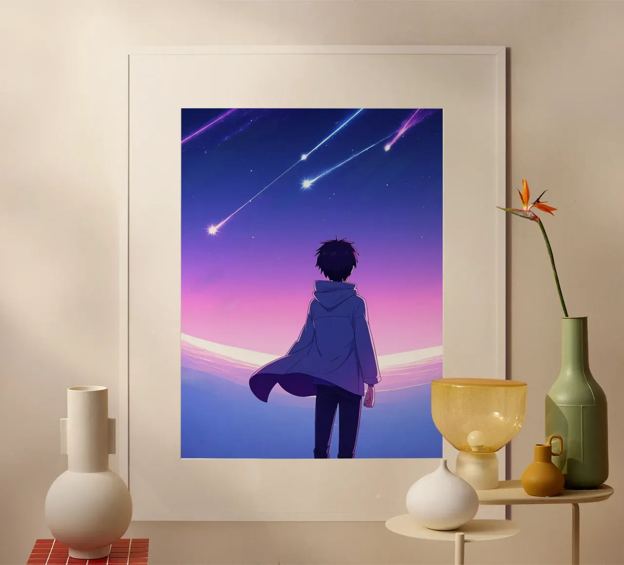 Una persona che guarda le stelle cadenti nel cielo notturno Lofi Art poster con telaio in alluminio da LoFi Gallery
