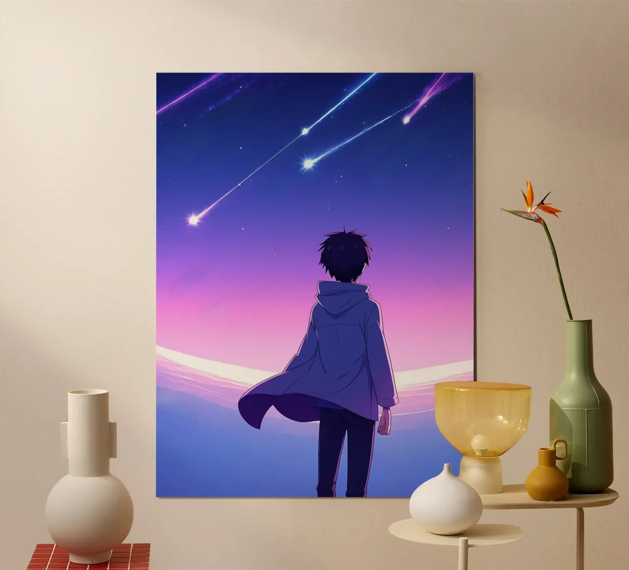 Una persona che guarda le stelle cadenti nel cielo notturno Lofi Art poster con telaio in alluminio da LoFi Gallery