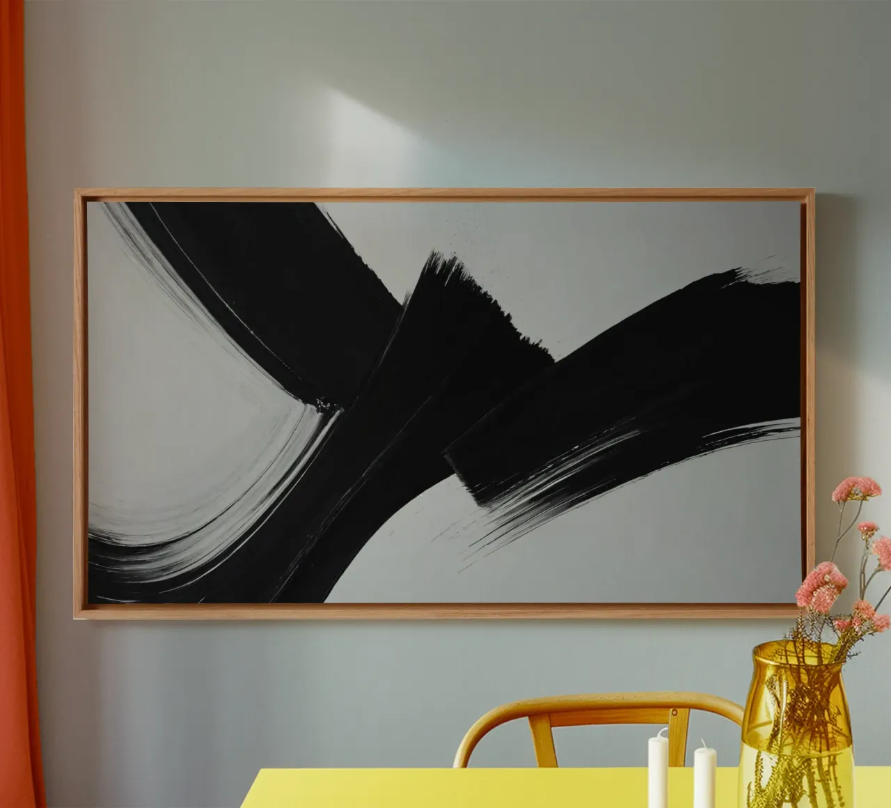 Abstracte zwart-witte penseelstreken creëren dynamische beweging canvas met Baklijst van DesignDoodle