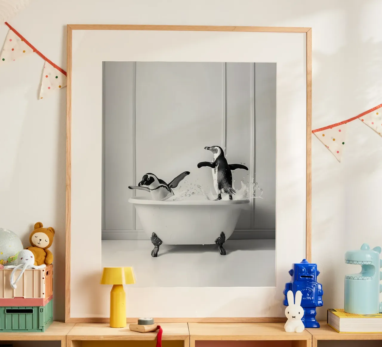 Adorabili pinguini poster con telaio in legno da animals_studio