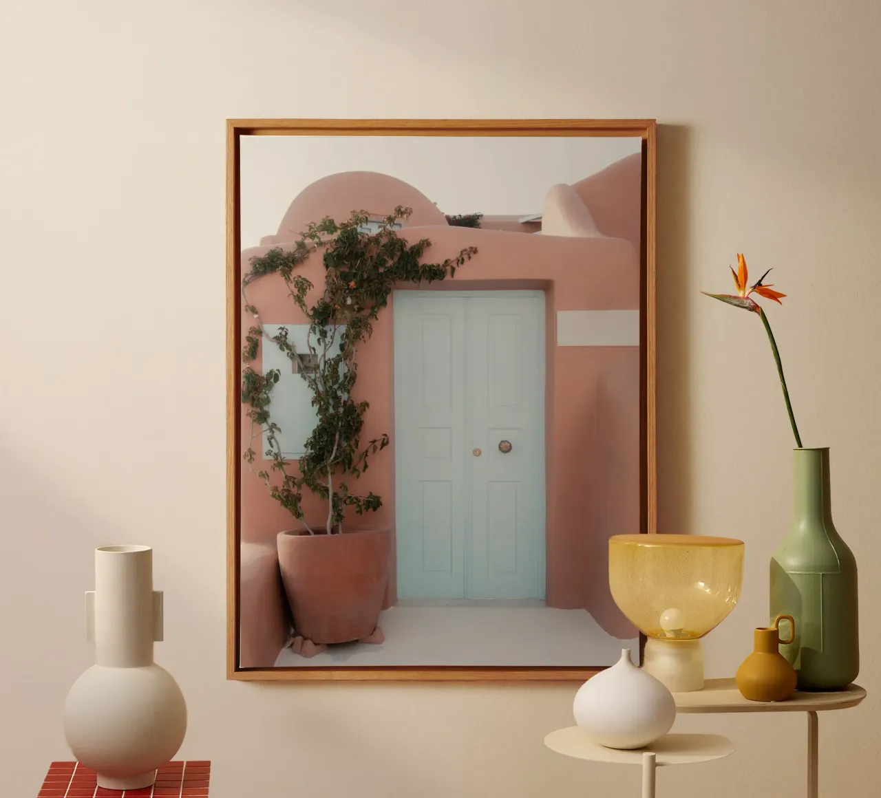 Edificio in terracotta con porta blu - Santorini, Grecia tela con Cornice a cassetta da Kimberley Jekel Photography