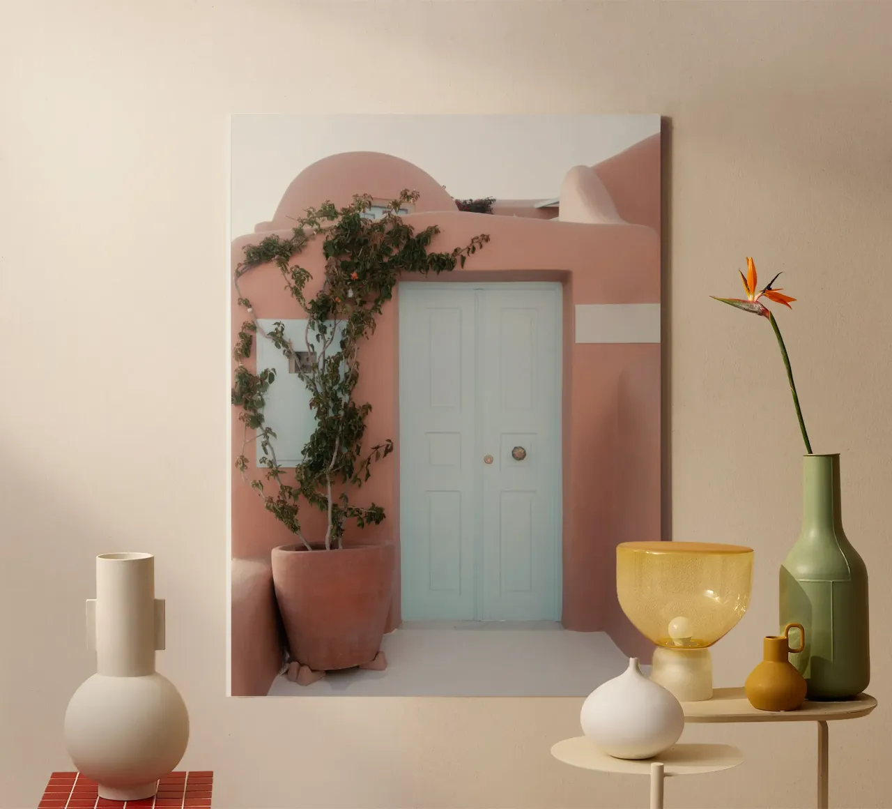 Edificio in terracotta con porta blu - Santorini, Grecia tela con Cornice a cassetta da Kimberley Jekel Photography