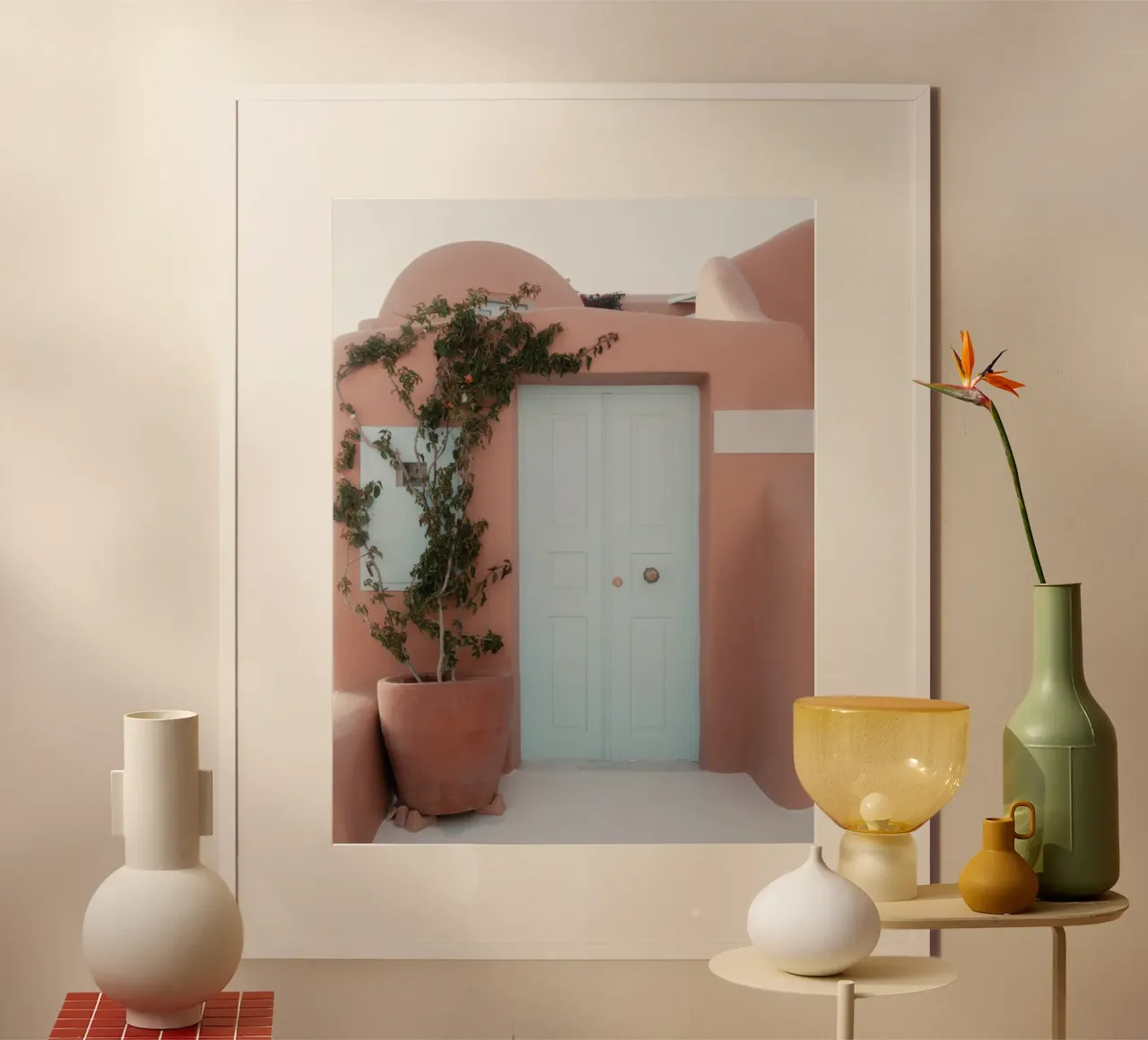 Bâtiment en terre cuite avec porte bleue - Santorin, Grèce hahnemühle de Kimberley Jekel Photography