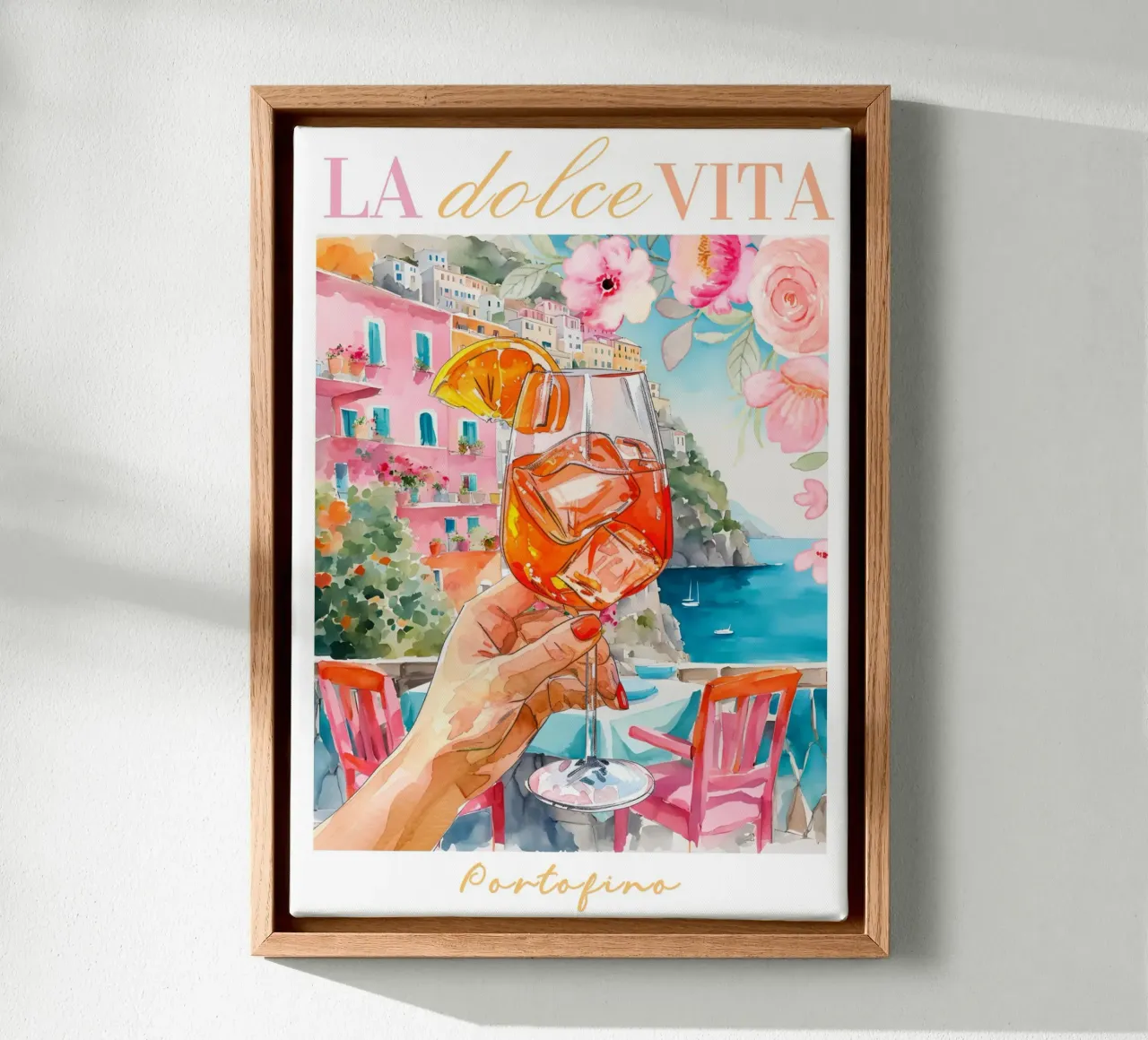 Italië Cocktail Print, Aperol Spritz, kleurrijke muurkunst canvas met Baklijst van Bella Studio