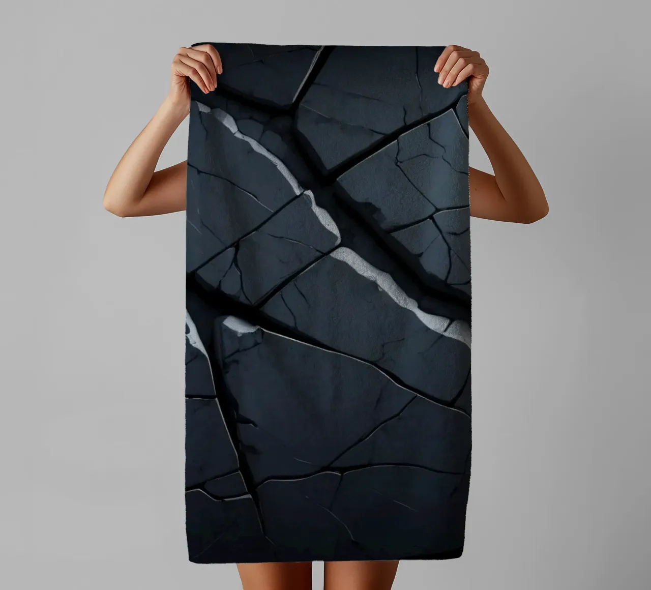 Cracked dark surface with striking lines creating an abstrac towel by DesignDoodle