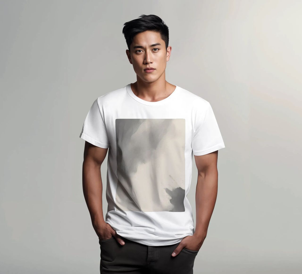 Dynamic abstract background with soft gradients and flowing t-shirt by DesignDoodle