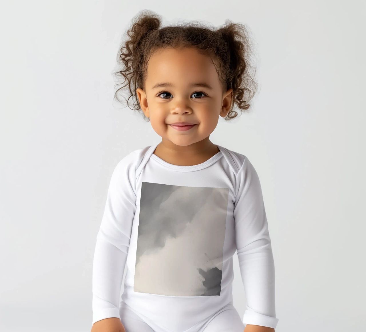 Dynamic abstract background with soft gradients and flowing long-sleeve baby romper by DesignDoodle