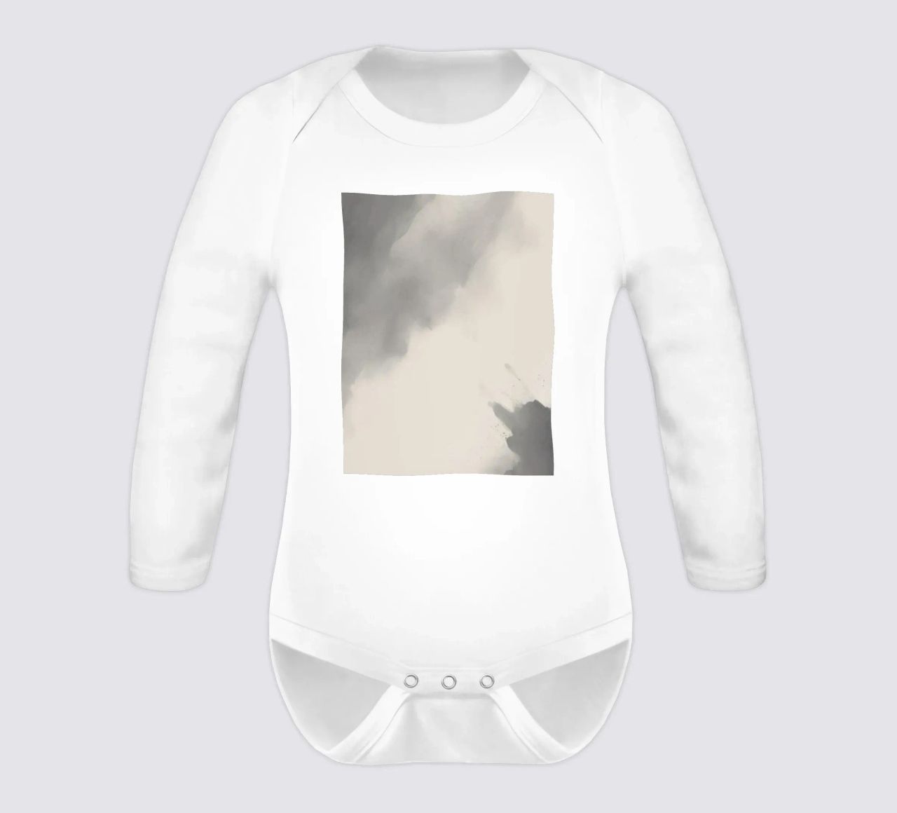 Dynamic abstract background with soft gradients and flowing long-sleeve baby romper by DesignDoodle