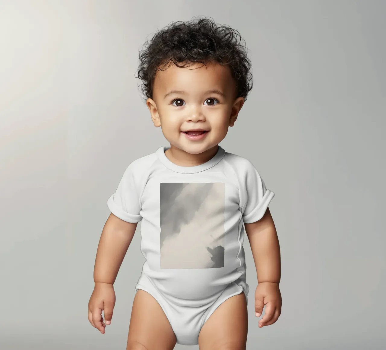 Dynamic abstract background with soft gradients and flowing short-sleeve baby romper by DesignDoodle