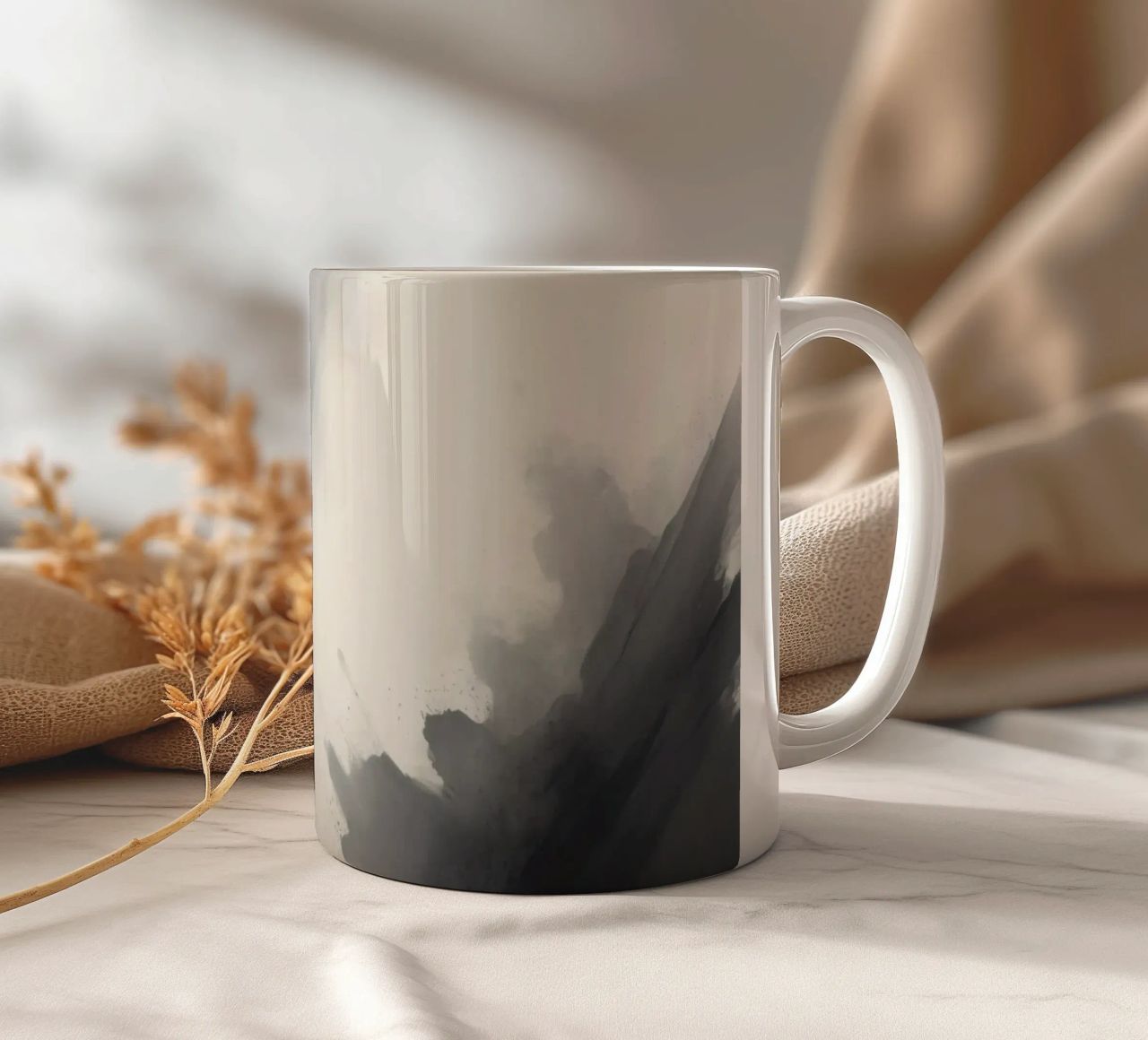 Dynamic abstract background with soft gradients and flowing ceramic mug by DesignDoodle