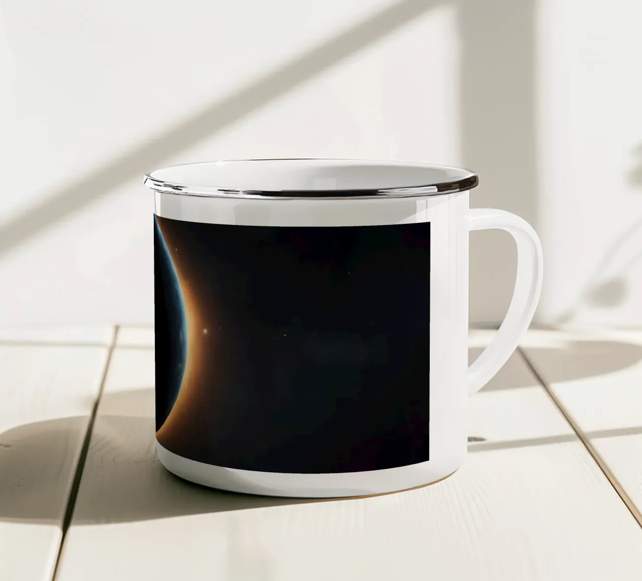 Celestial event featuring a solar eclipse with radiant coron enamel mug by DesignDoodle