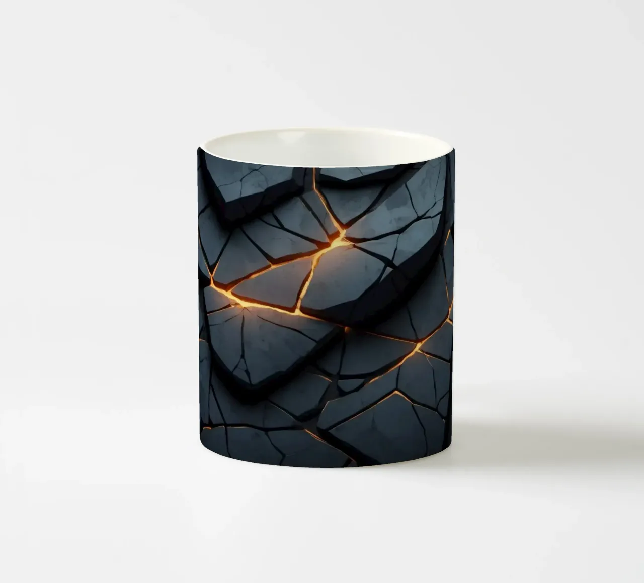 cracks in a dark surface create an intriguing abstract back ceramic mug by DesignDoodle