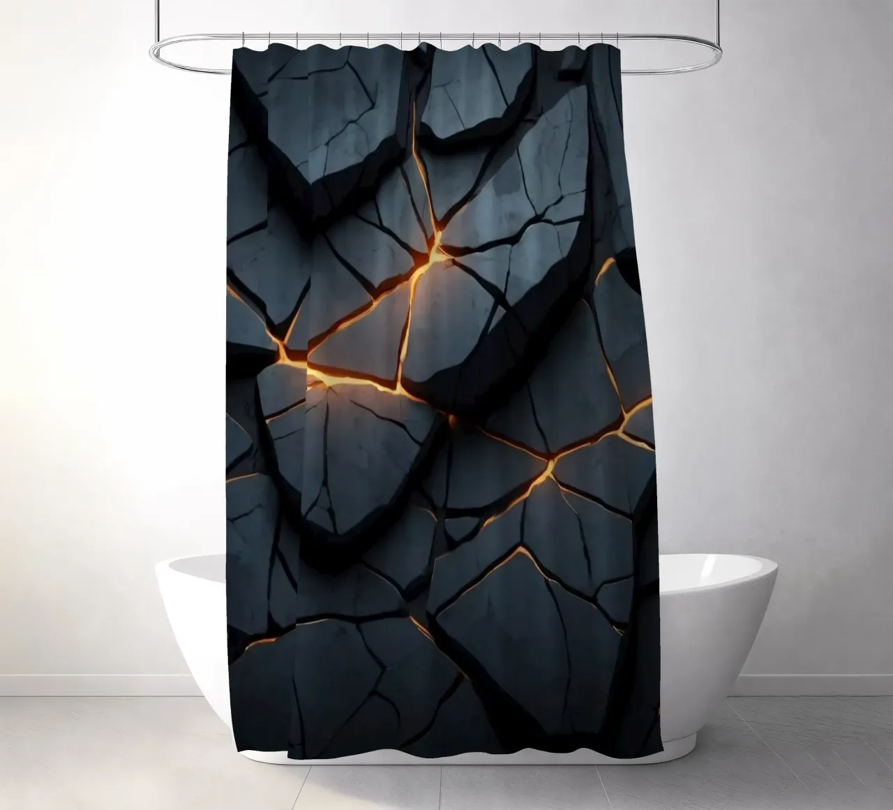 cracks in a dark surface create an intriguing abstract back shower curtain by DesignDoodle