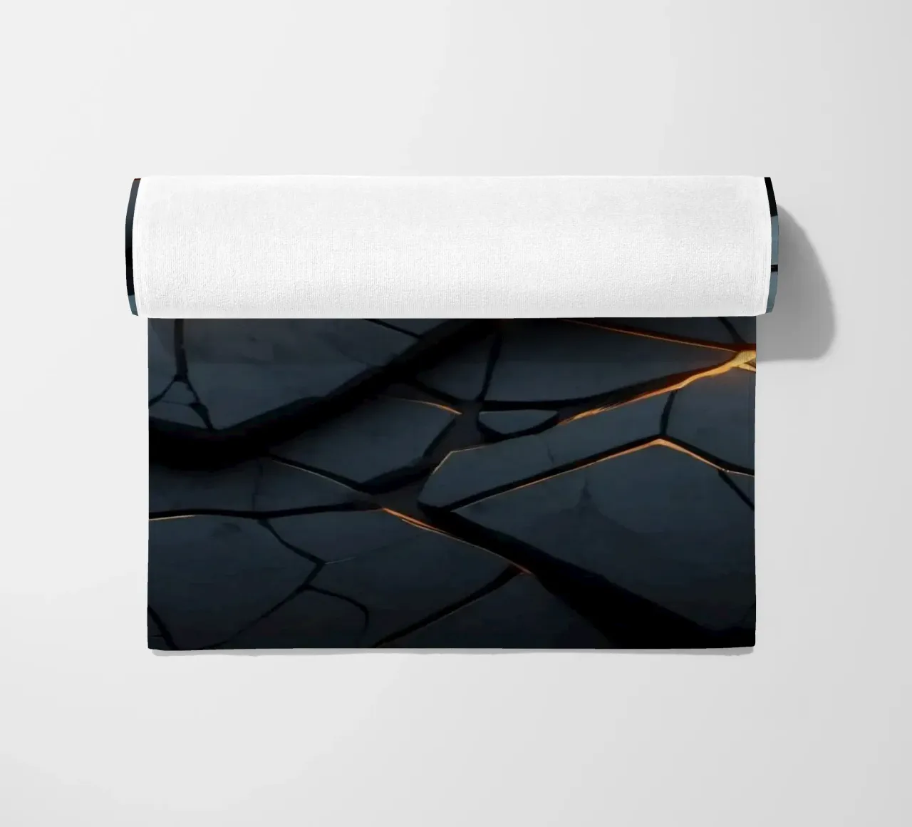 cracks in a dark surface create an intriguing abstract back beach towel by DesignDoodle