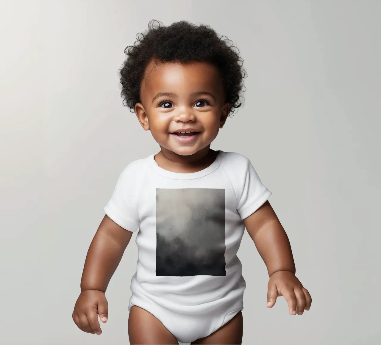 Dynamic abstract wallpaper featuring swirling clouds and sof short-sleeve baby romper by DesignDoodle