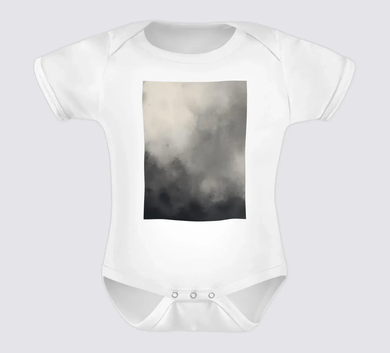 Dynamic abstract wallpaper featuring swirling clouds and sof short-sleeve baby romper by DesignDoodle