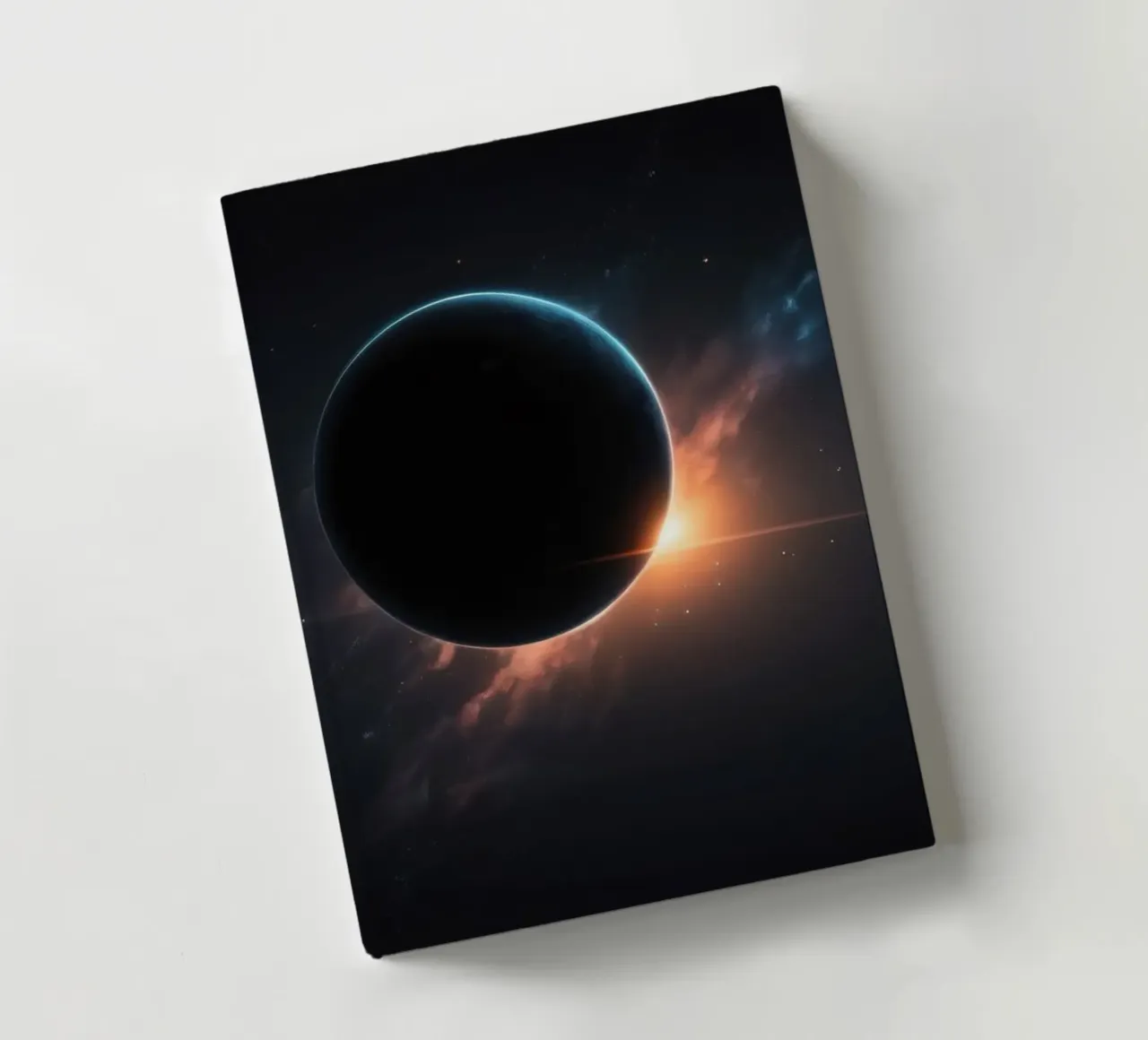 Dark celestial body surrounded by vibrant cosmic elements notebook by DesignDoodle