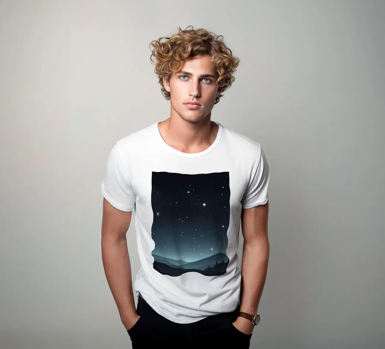 Starry night sky with subtle mountain silhouettes t-shirt by DesignDoodle