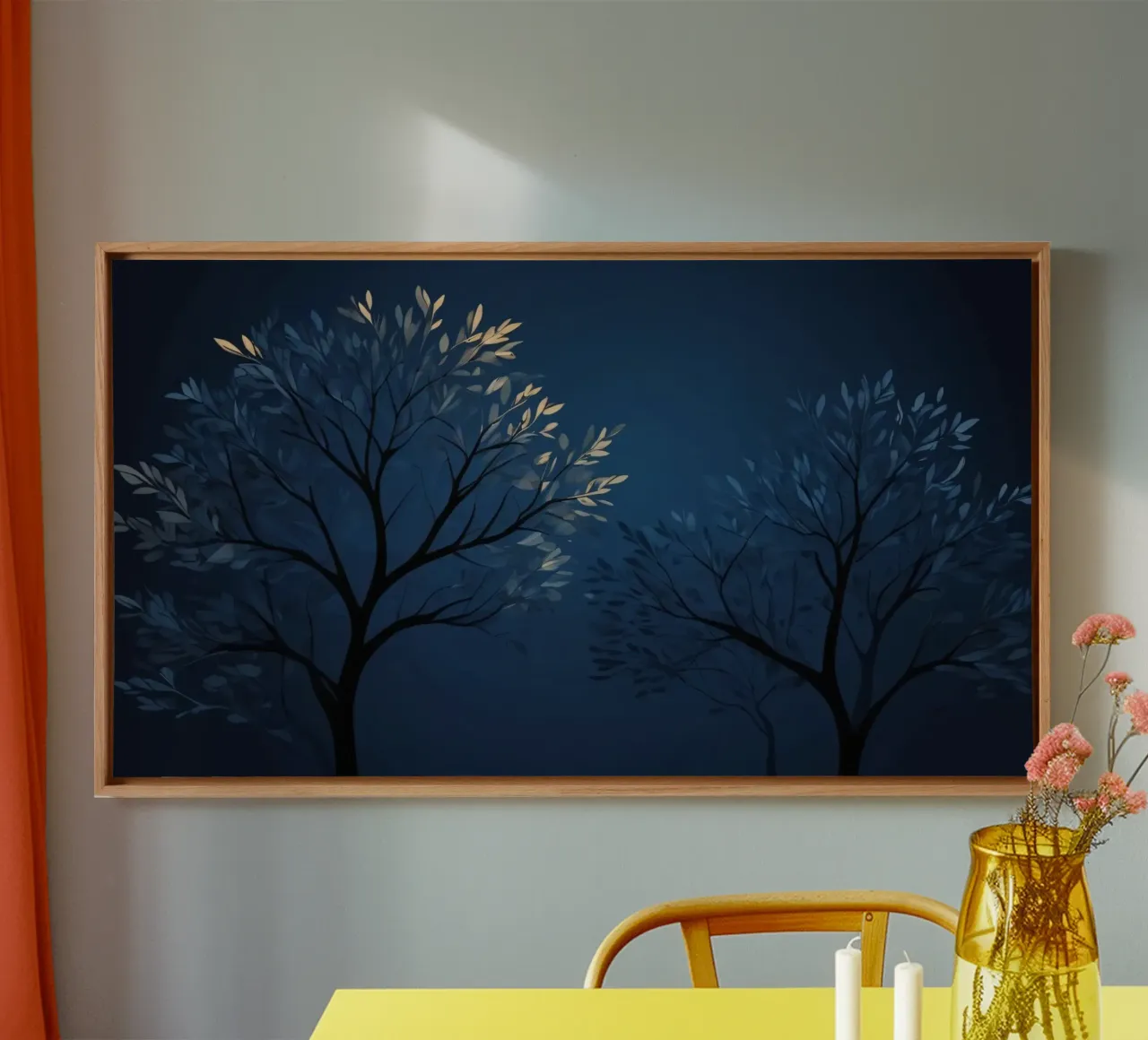 abstract behang met donkere silhouetten van bomen canvas met Baklijst van DesignDoodle