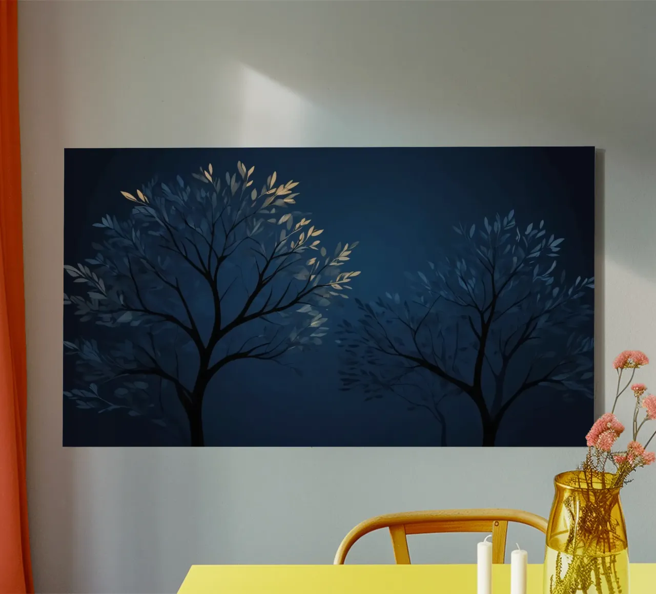 abstract behang met donkere silhouetten van bomen canvas met Baklijst van DesignDoodle