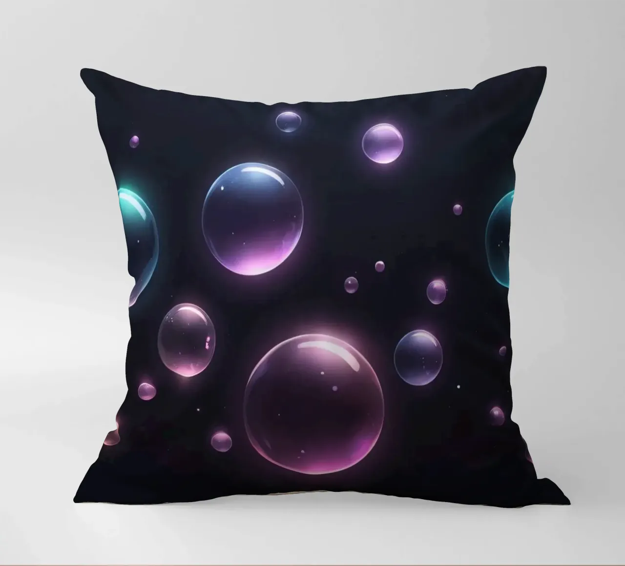 bubbles floating against a dark background mesmerizing art decorative cushion by DesignDoodle