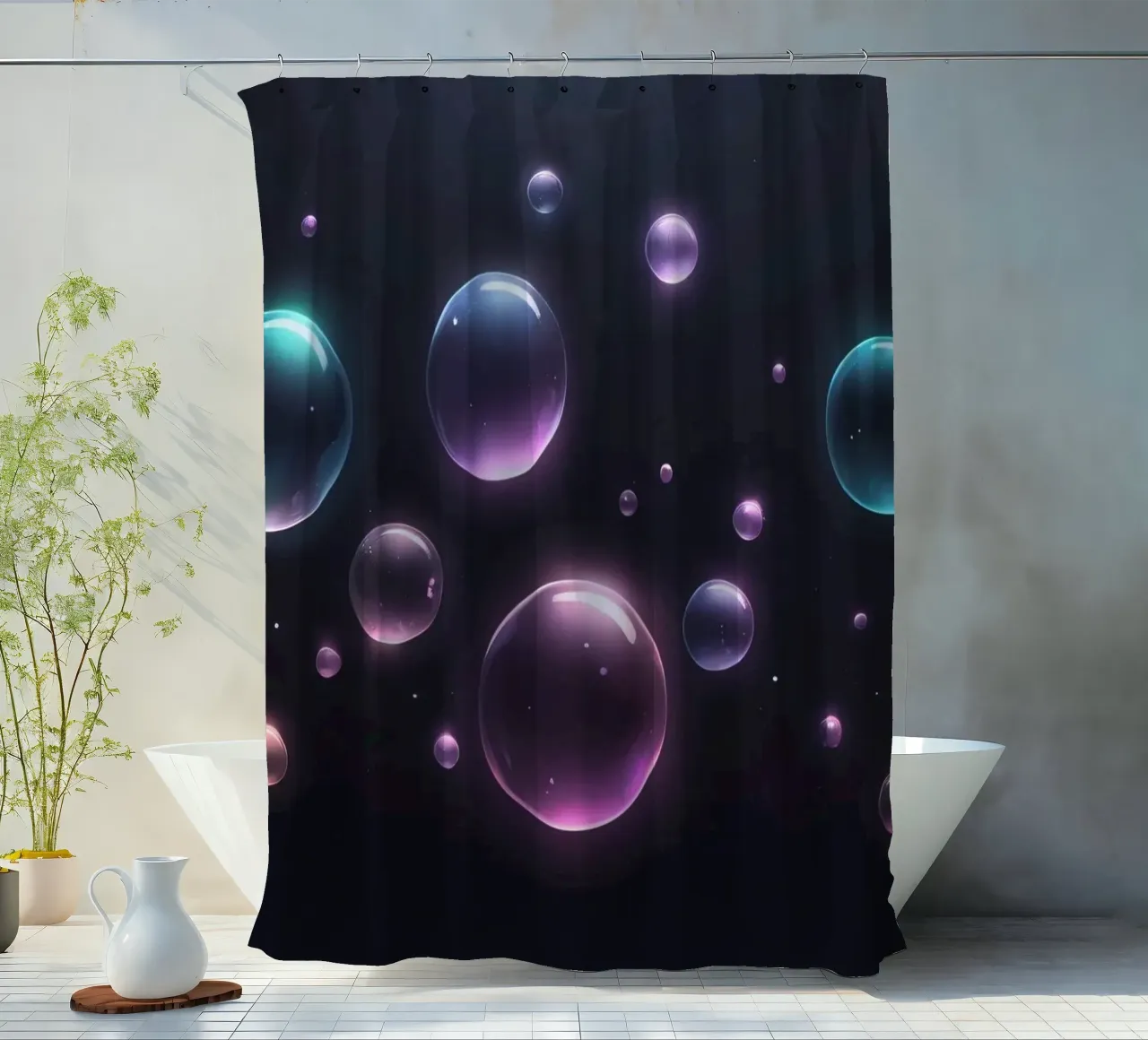 bubbles floating against a dark background mesmerizing art shower curtain by DesignDoodle