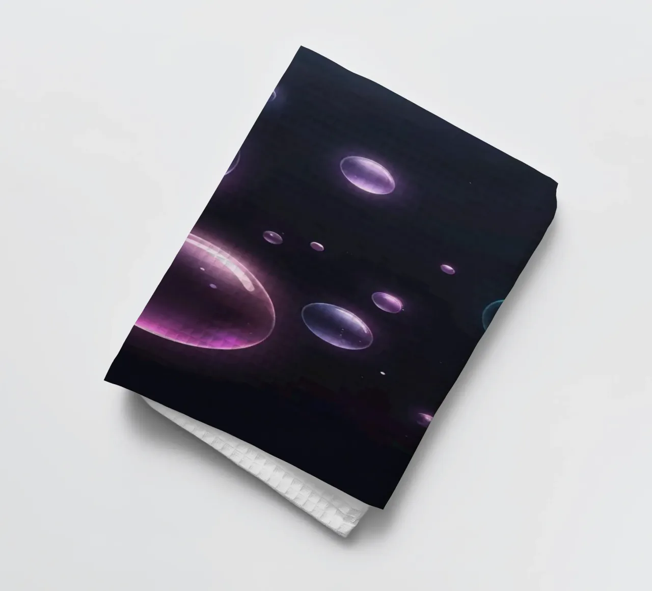 bubbles floating against a dark background mesmerizing art tea towel by DesignDoodle