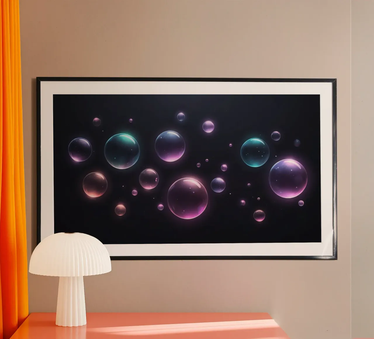bubbles floating against a dark background mesmerizing art hahnemühle by DesignDoodle