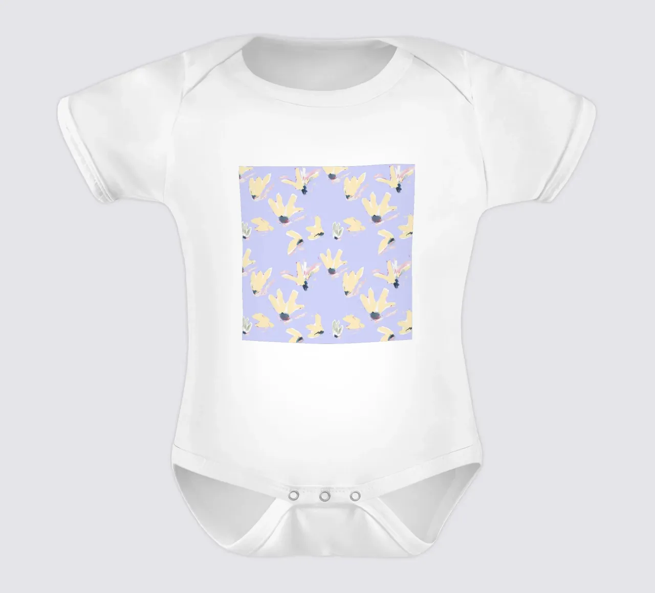Blumen Flieder short-sleeve baby romper by Miriam Dück Pattern Design & Art