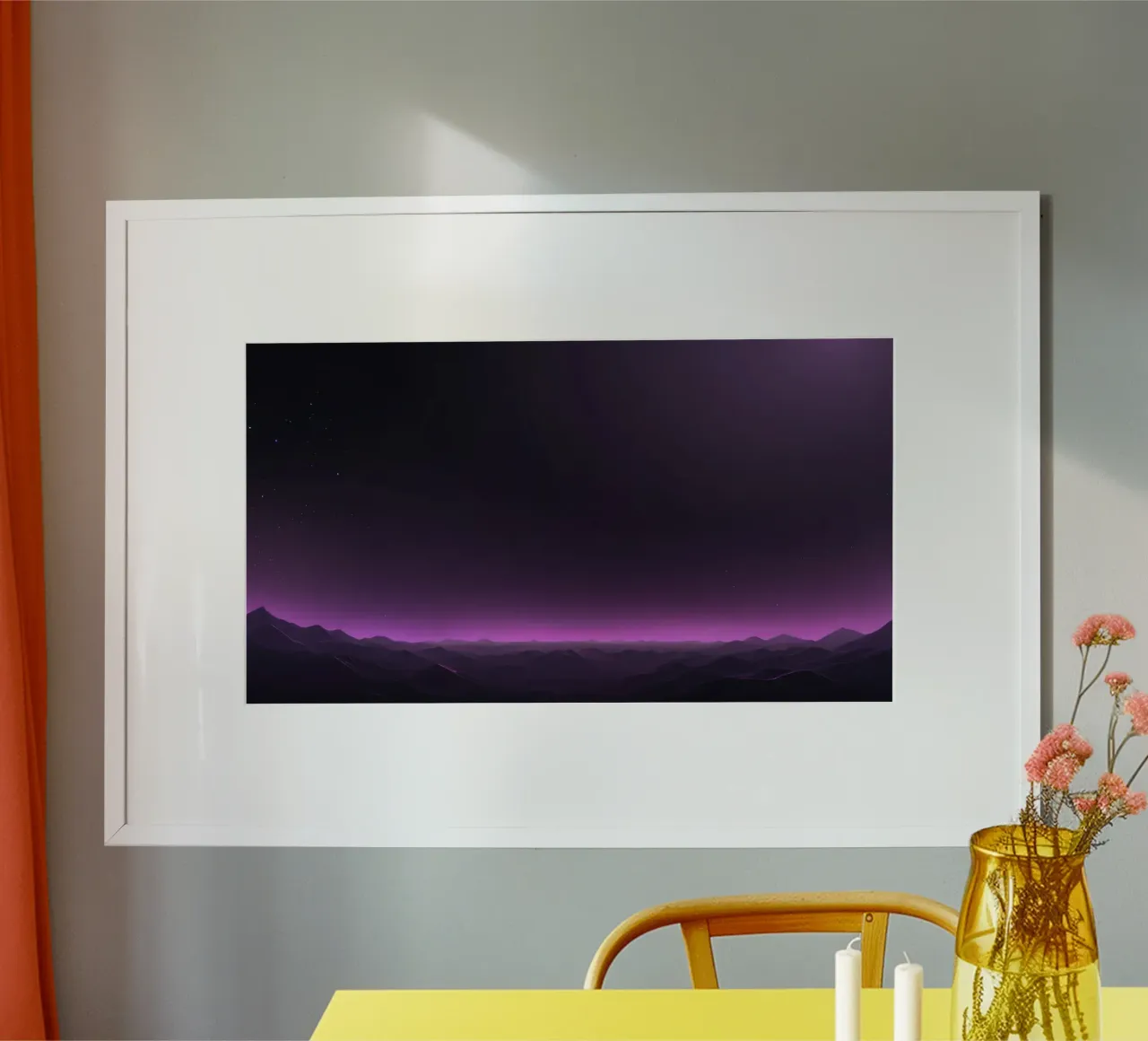 paysage abstrait avec des teintes violettes et un ciel nocturne étoilé poster avec cadre en bois de DesignDoodle
