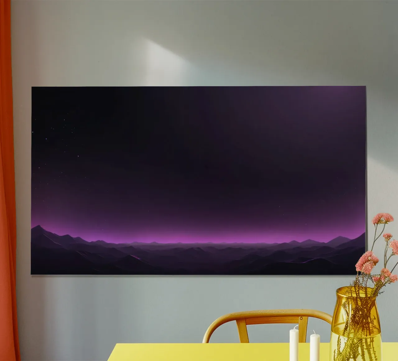 paysage abstrait avec des teintes violettes et un ciel nocturne étoilé poster avec cadre en bois de DesignDoodle
