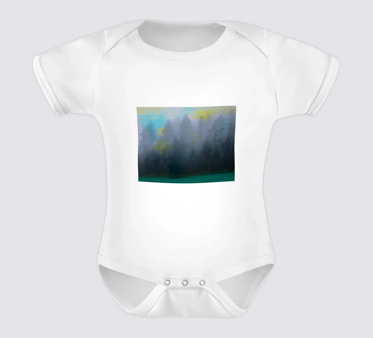 Forest in the fog against a colourful background short-sleeve baby romper by Something for you