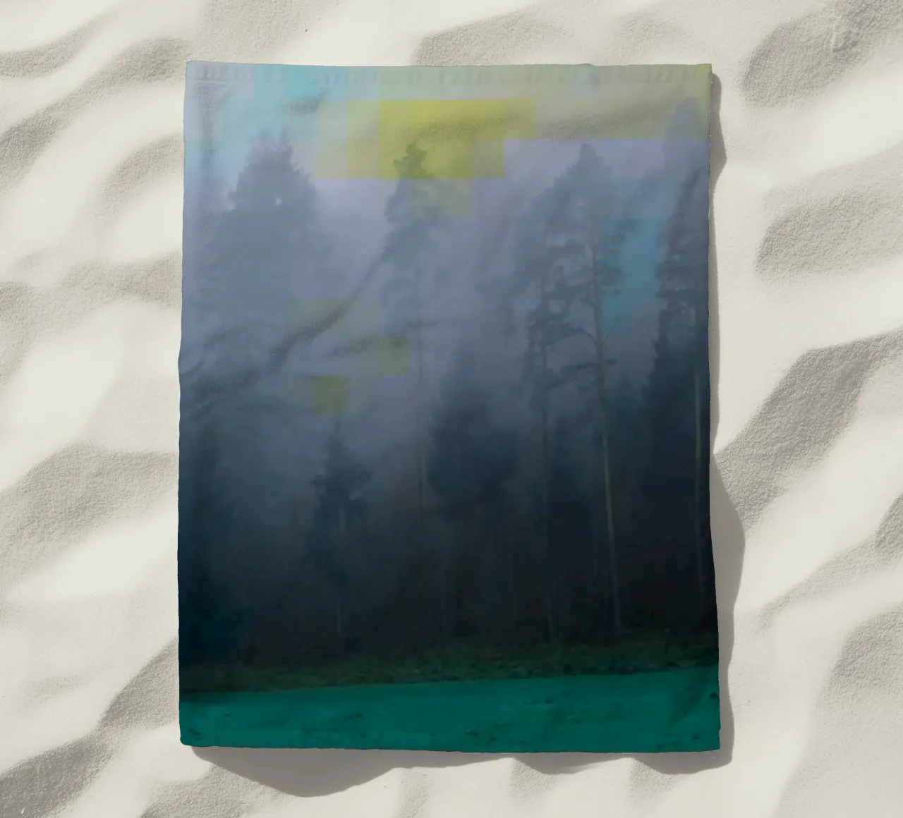 Forest in the fog against a colourful background beach towel by Something for you