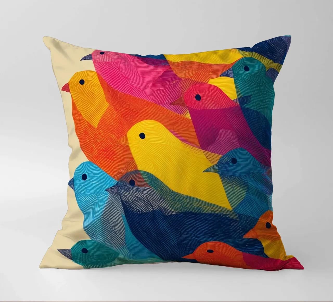 The birds are back | Flock of colour and rhythm decorative cushion by Autofocus
