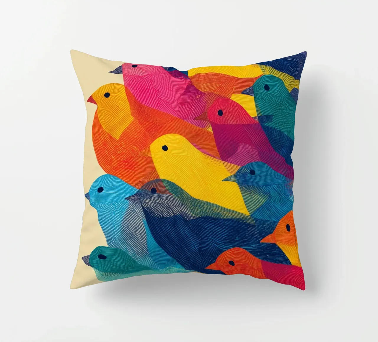 The birds are back | Flock of colour and rhythm decorative cushion by Autofocus