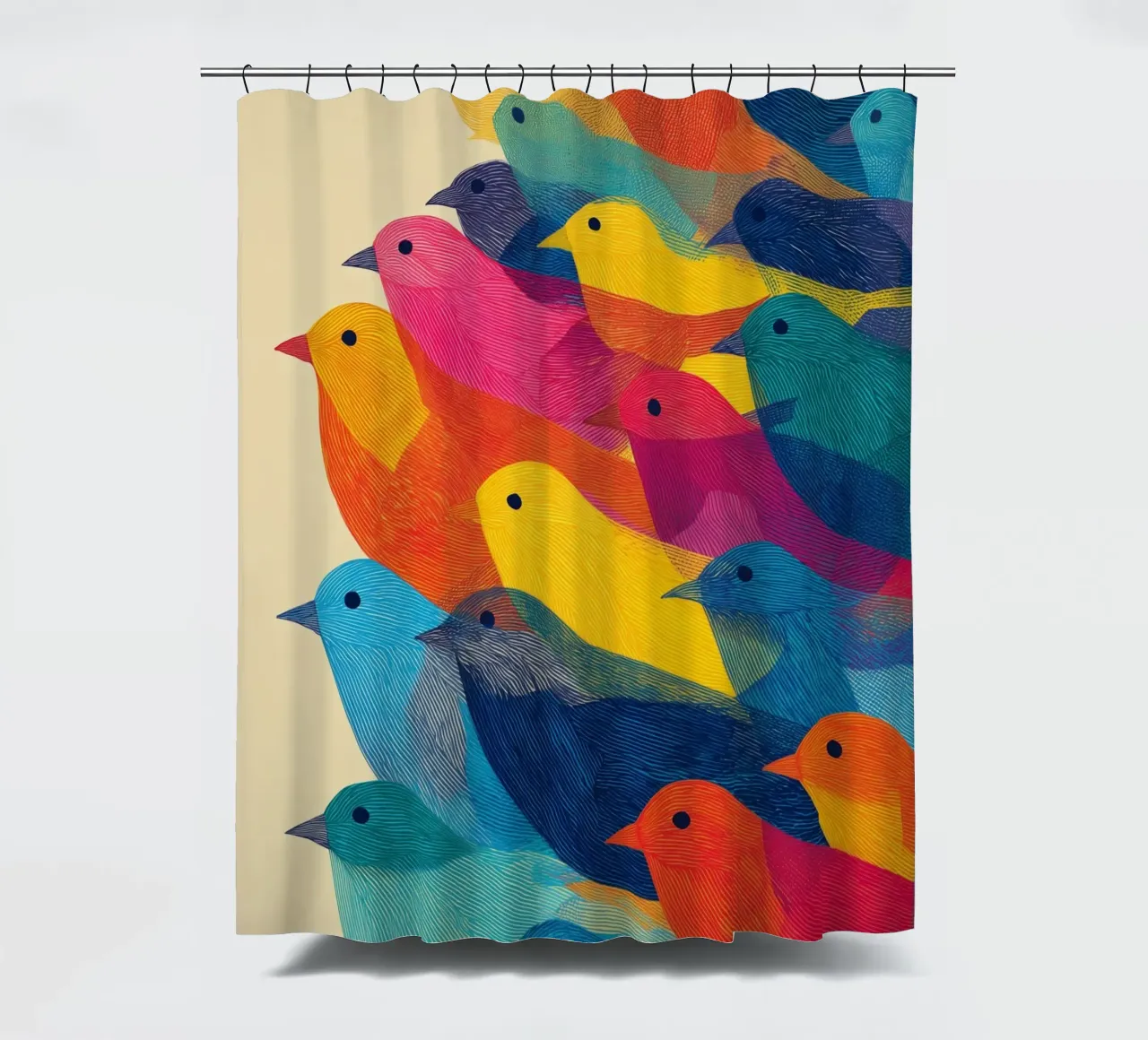 The birds are back | Flock of colour and rhythm shower curtain by Autofocus