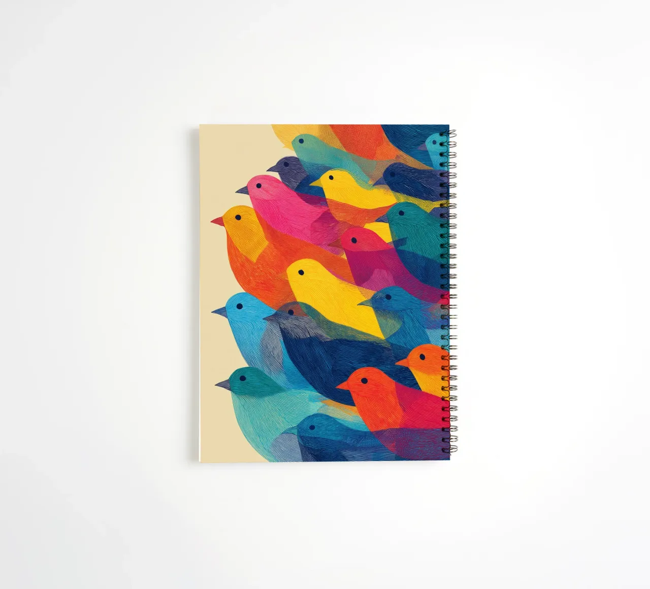 The birds are back | Flock of colour and rhythm spiral notebook by Autofocus