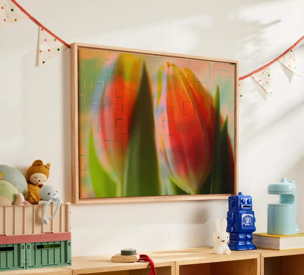 Red tulips against a colourful background canvas with Floater frame by Something for you