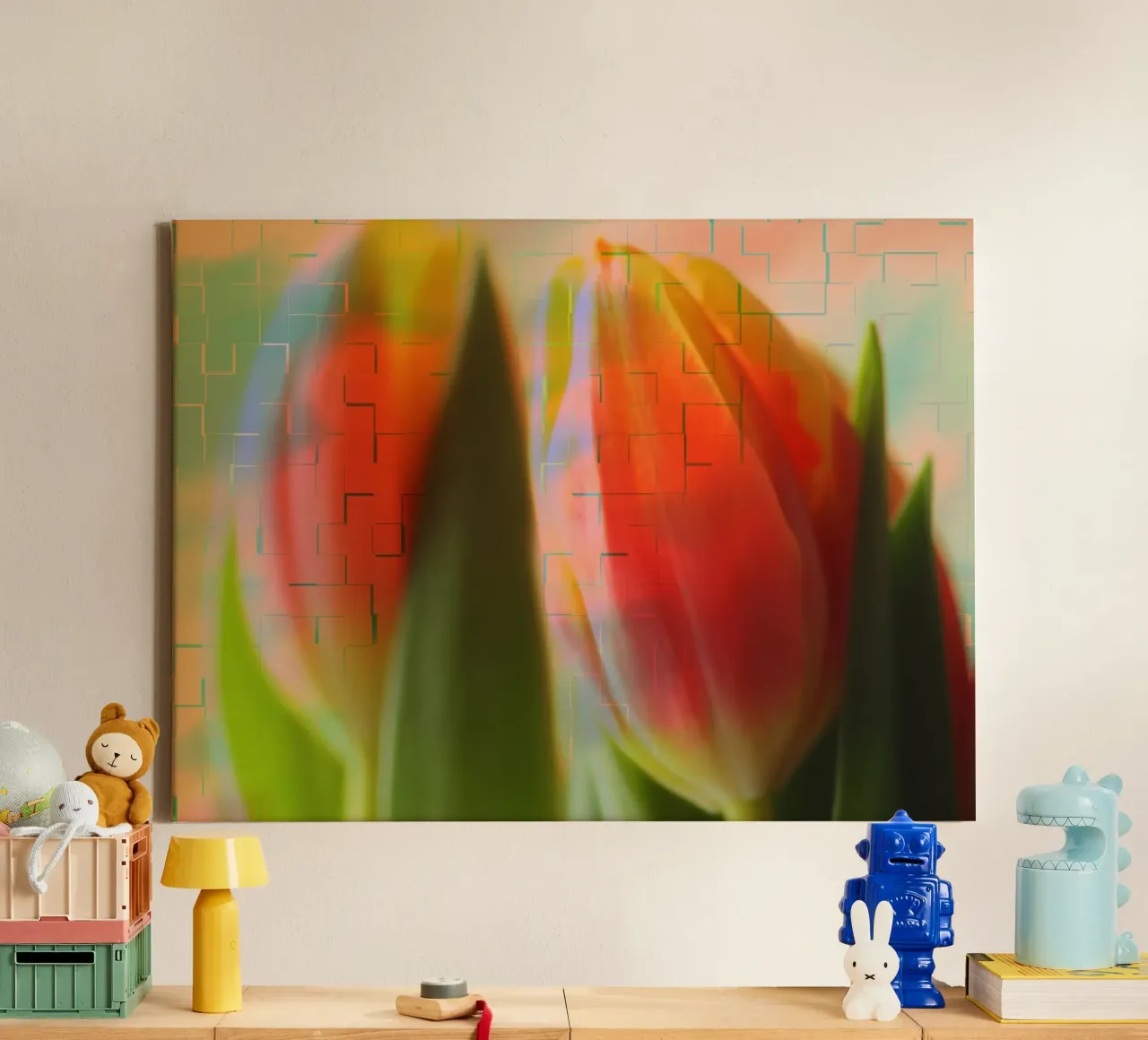 Red tulips against a colourful background canvas with Floater frame by Something for you